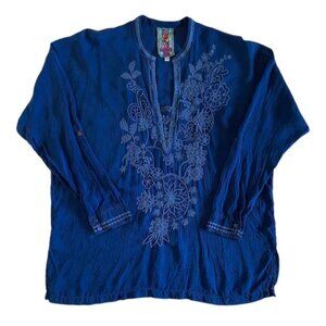 Johnny Was Biya Tunic Women's Floral Embroidered Boho Retro Minimalist Blue XS